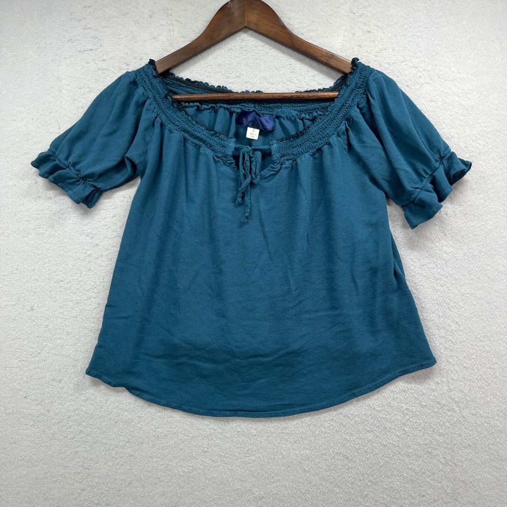 Blue Rain Peasant Blouse Womens S Teal Smocked Puff Sleeve Boho Off Shoulder Top